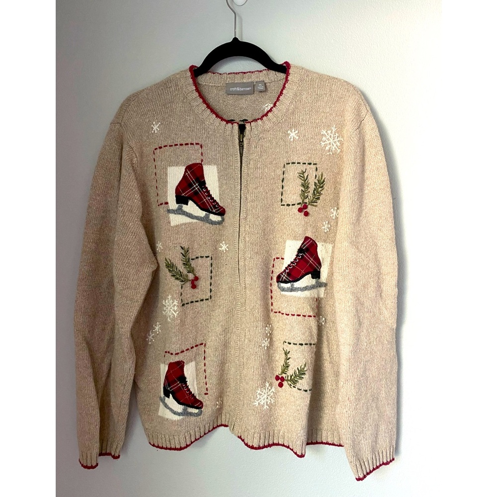 croft & barrow Beige Holiday Zip Cardigan with Red Plaid Ice Skate Motif